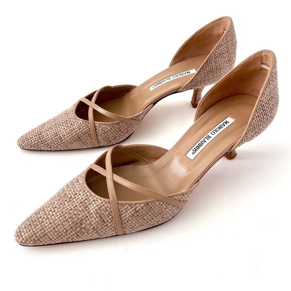 MANOLO BLAHNIK | Vintage Retro D’Orsay Beige Woven Pointed Kitten Heel Pumps 41 - Picture 1 of 14